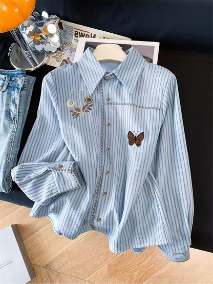 Women’s Light Blue Embroidered Butterfly & Floral Button-Down Shirt