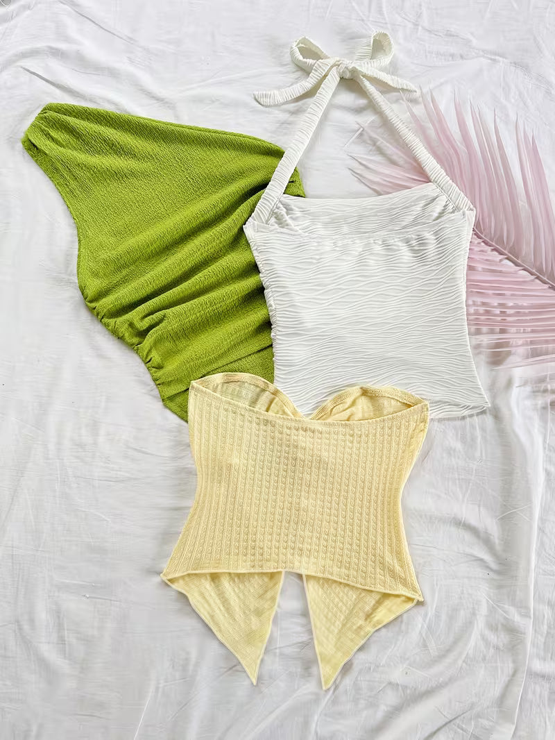 Set of 3 Textured Halter Neck Tops – Trendy Summer Collection