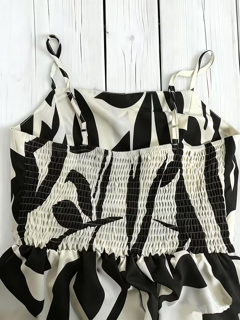 Women’s Black & White Botanical Print Wide-Leg Jumpsuit