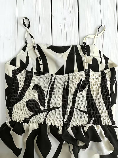 Women’s Black & White Botanical Print Wide-Leg Jumpsuit