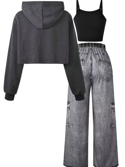 Women’s Charcoal Grey Cropped Hoodie & Star Cargo Jeans 3-Piece Co-Ord Set