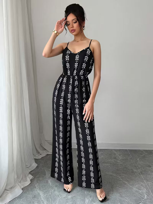Women’s Black Floral Print Wide-Leg Jumpsuit