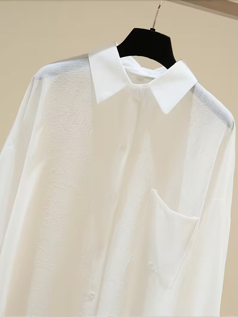 Women’s White Textured Sheer Button-Down Shirt