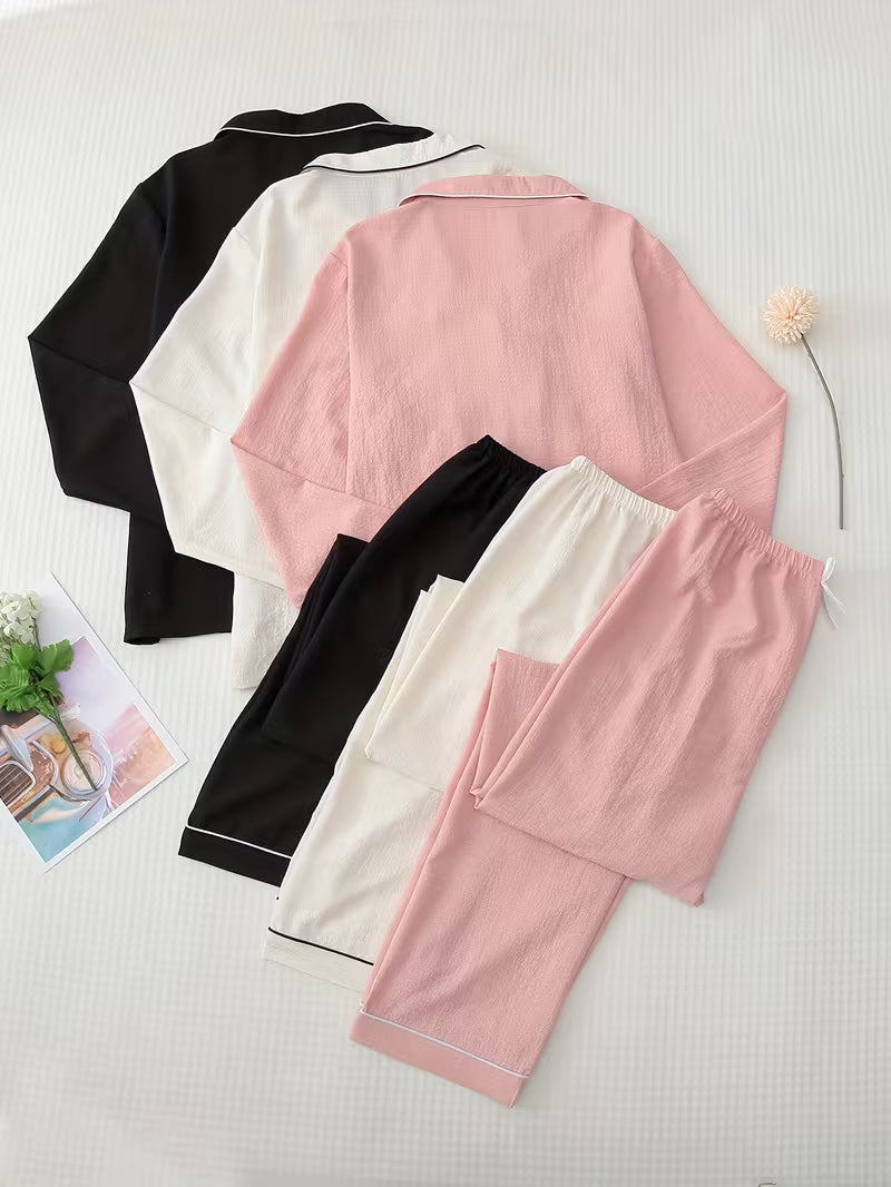 Women’s Solid Color Pajama Sets – Short Sleeve Button-Up Lounge & Sleepwear (Set of 3)