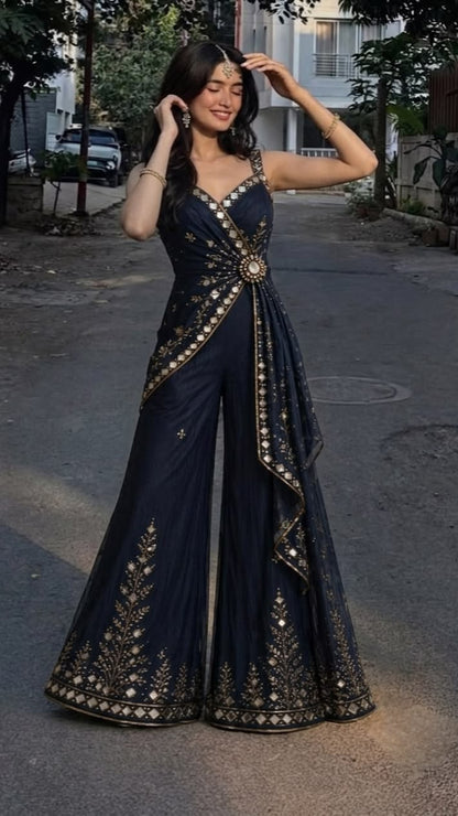 Midnight Navy Embellished Draped Palazzo Jumpsuit