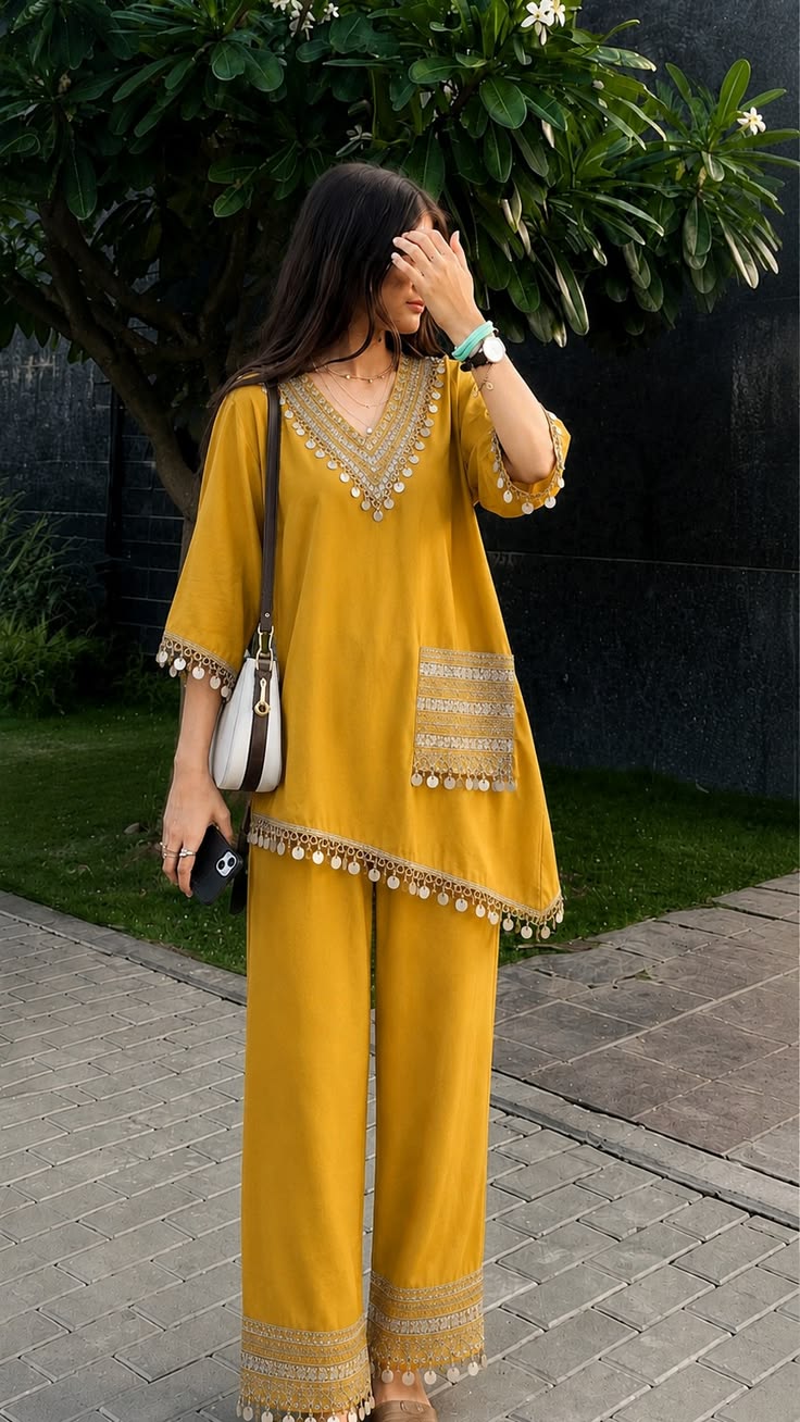 Mustard Embellished Kurta Palazzo Set